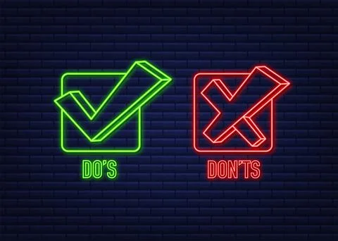 Do s and Don ts neon button. Flat simple thumb up symbol minimal logotype Illustrazione stock
