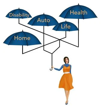 Do you have too much insurance coverage like this lady with five umbrellas in Stock Illustration