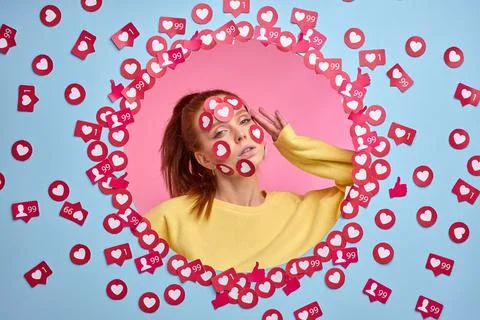 Do you rate my post in social network Funny redhead woman blogger get a lot of Stock Photos
