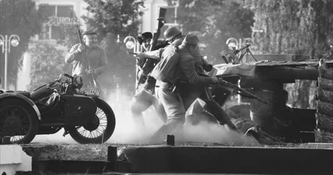 Dobrush, Belarus. - September 3, 2022: Historical Re-enactment Black And White Stock Footage 317516170
