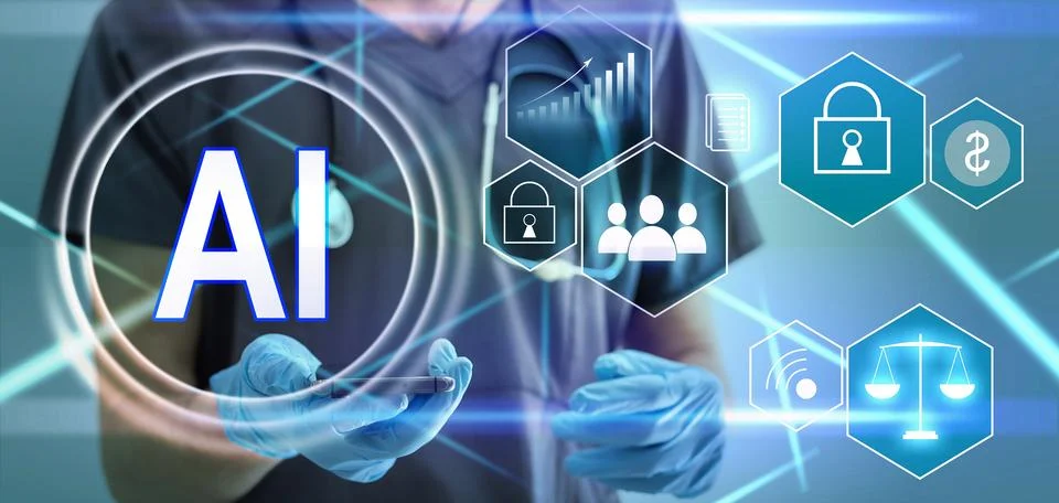 Doc AI icon on virtual screen. Futuristic medicine, world assistance and the Stock Photos