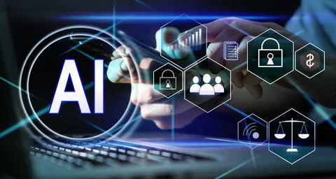 Doc AI icon on virtual screen. Futuristic medicine, world assistance and the Foto stock