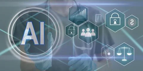 Doc AI icon on virtual screen. Futuristic medicine, world assistance and the Stock Photos