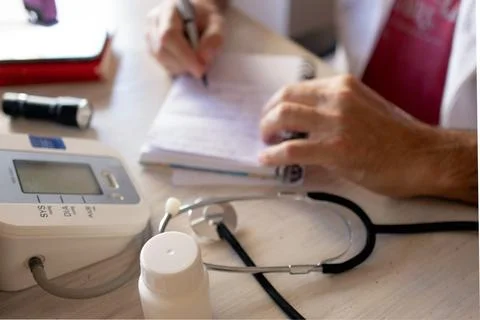 A doc in consultation taking notes while listening to his patient. Stock Photos