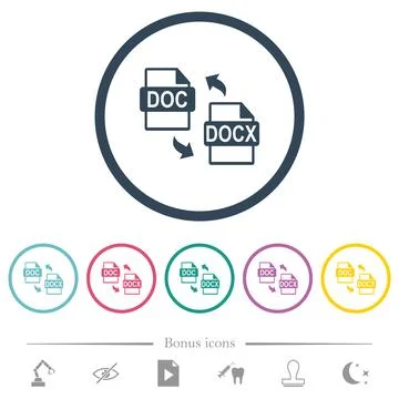 DOC DOCX file conversion flat color icons in round outlines Stock Illustration