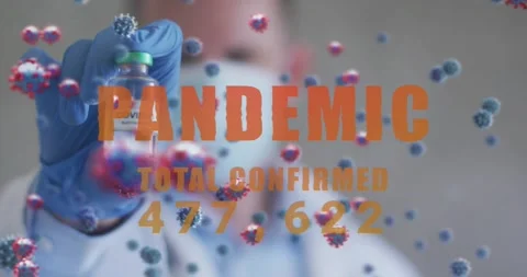Doc reaching forward presenting vial as PANDEMIC TOTAL CONFIRMED counter rising, Stock Footage 328837404