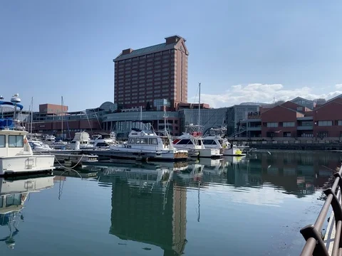 Dock in the city with blue sky Stock Footage 128963203