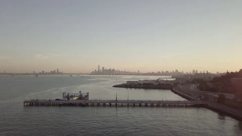 Dock Fly-by with Skyline Stock Footage 77513792