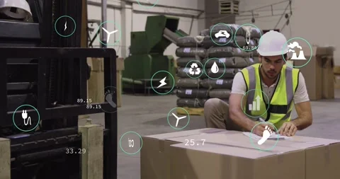 Dock tech kneeling by carton reading forms, checking seal, noting stock, UI Stock Footage 331736615