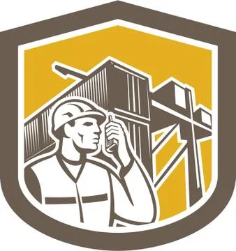Dock worker on phone container yard shield Stock Illustration