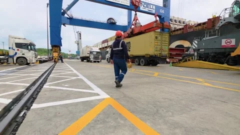 Dock Worker Walks Past Gantry Crane Loading MSC Container at Port of Guayaquil Stock Footage 343812147