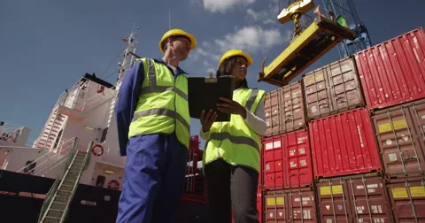 Dock workers discuss logistics at the harbor amidst shipping industry activity.  Stock Footage 55213006
