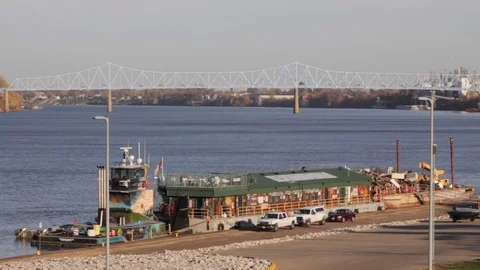 Docked Barge Garbage Barge Tug Boat Pusher Boat Glover Cary Bridge Ohio Stock Footage 116983568