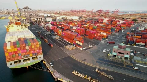 Docked Container Ship and Terminal Flyover, LA–Long Beach Ports, 4K Stock Footage 160313479