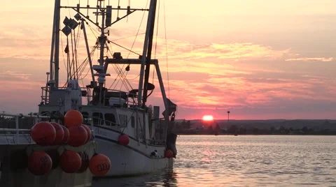 Docked fishing boat with sun setting on horizon Stock Footage