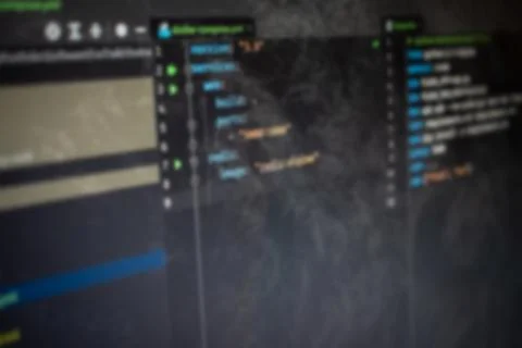 Docker compose file Hello World blurry code on screen Stock Photos