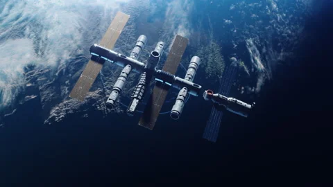 Docking of the Space Module with the space station in orbit Planet Earth with Video stock 242794624