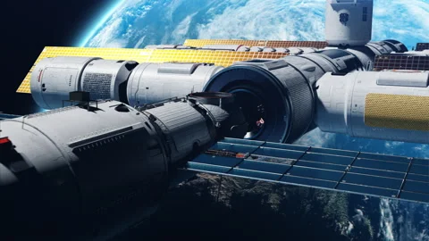 Docking of the Space Module with the space station in orbit Planet Earth Video stock 242794678