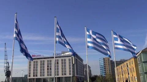 Docklands Greek flags Stock Footage 44934414