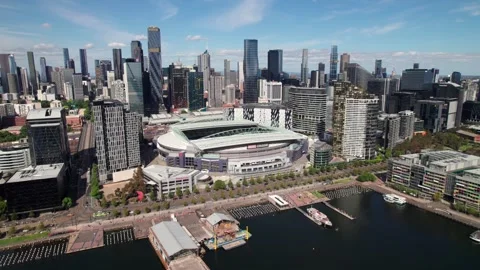 Docklands, Marvel Stadium and CBD in Melbourne, VIC, Australia. 4K skyline Stock Footage 292767839