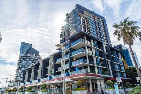 Docklands is a modern harbour development dominated by high-rises and popul.. Stock Photos