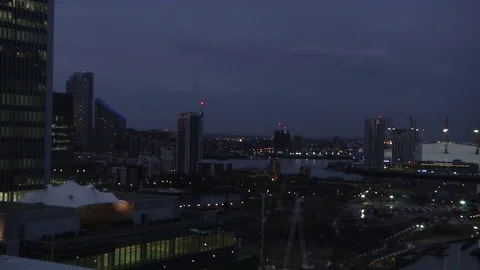 Docklands pan to O2 at night wide shot Stock Footage 74246282