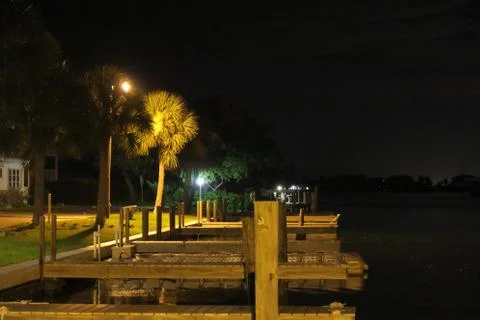 Docks on the bay at night Stock Photos
