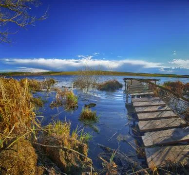 Docks on the lake at sunset Foto stock