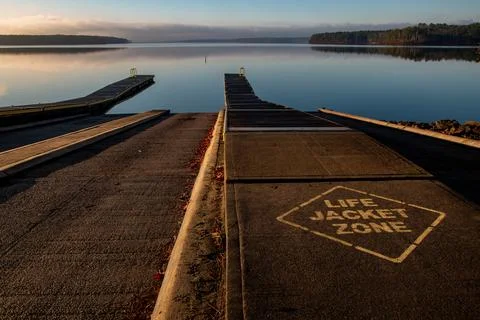 Docks with Life Jacket Warning 스톡 사진