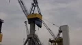 Dockside cranes close up on boat trip round the Hamburg harbour HD Footage