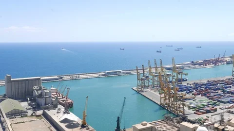 Dockside gantry cranecranes on container terminal at Barcelona port Stock Footage 99471677