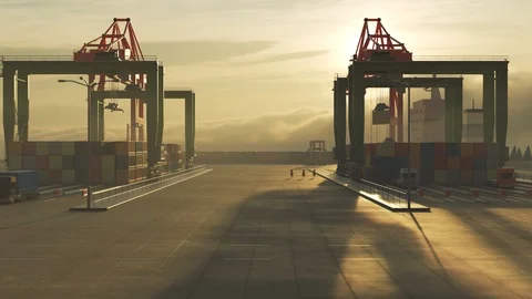 "Dockworker in busy, polluted maritime container port. Transportation of goods." Stock Footage 94581622