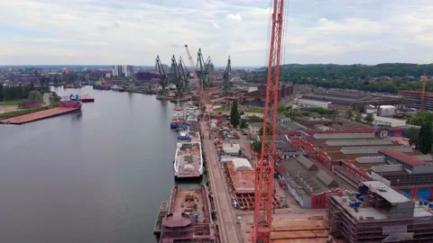 Dockyard Crane and Ship - Drone Video stock 132216481