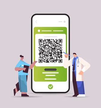 Docors using digital immunity passport with qr code on smartphone screen risk Stock Illustration