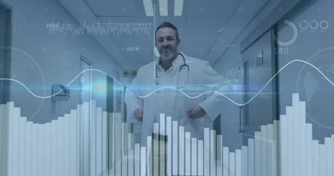 Doctor activating health data overlay in corridor for patient care with rising Stock Footage 314707632