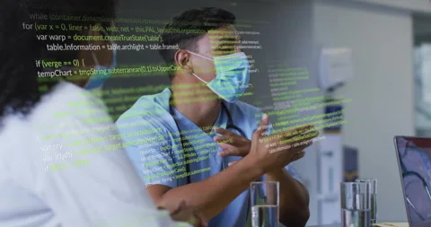 Doctor adjusting stethoscope and explaining data while code lines scrolling Stock Footage 314706737