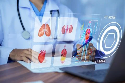 Doctor Analysis on data CT scan in digital document file management. Doctor.. Stock Photos