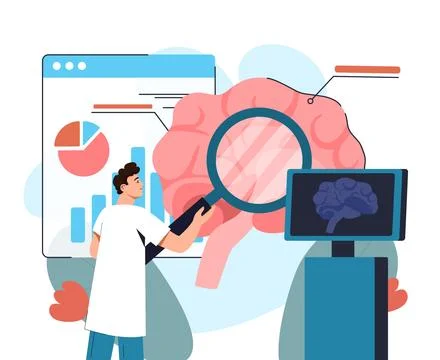 Doctor analyzing brain data illustration. Vector illustration Illustrazione stock