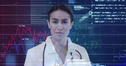 Doctor analyzing futuristic data projections with digital graphs and charts 스톡 일러스트