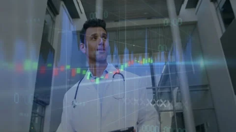 Doctor analyzing health analytics data in modern atrium, displaying holographic Stock Footage 308657568