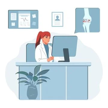 Doctor analyzing patient data on computer in medical office with diagram of.. Stock-Illustration