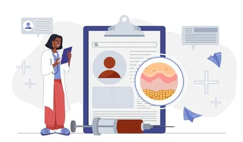 Doctor analyzing patient data with syringe and skin layers. Stock Illustration