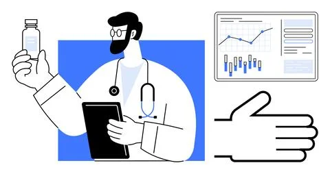 Doctor Analyzing Vaccine Data on Tablet with Chart and Hand Gesture Illustrazione stock