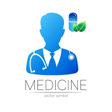 Doctor and capsule pill vector logotype in blue color with green leaf Stock-Illustration
