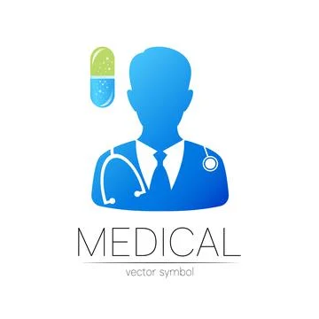 Doctor and capsule vector logotype in blue, green color. Silhouette medical man Stock Illustration