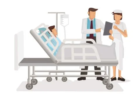 Doctor and nurse with tablet computer visiting patient man at hospital ward. Stock Illustration