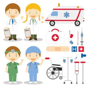 Doctor and nurses characters vector illustration, with medical icons and objects Stock Illustration