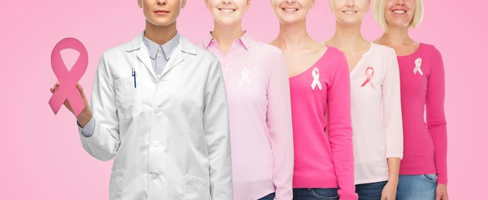 Doctor and women with cancer awareness ribbons Stock Photos