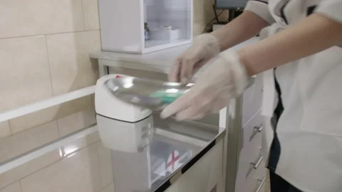 The doctor approaches the needle burning destructor and inserts a needle into it Video stock 232884809
