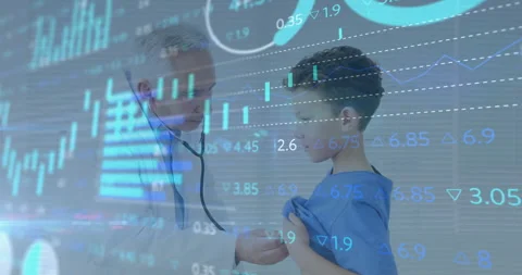 Doctor asking boy lifting gown placing scope on chest monitoring heart via Stock Footage 309722166
